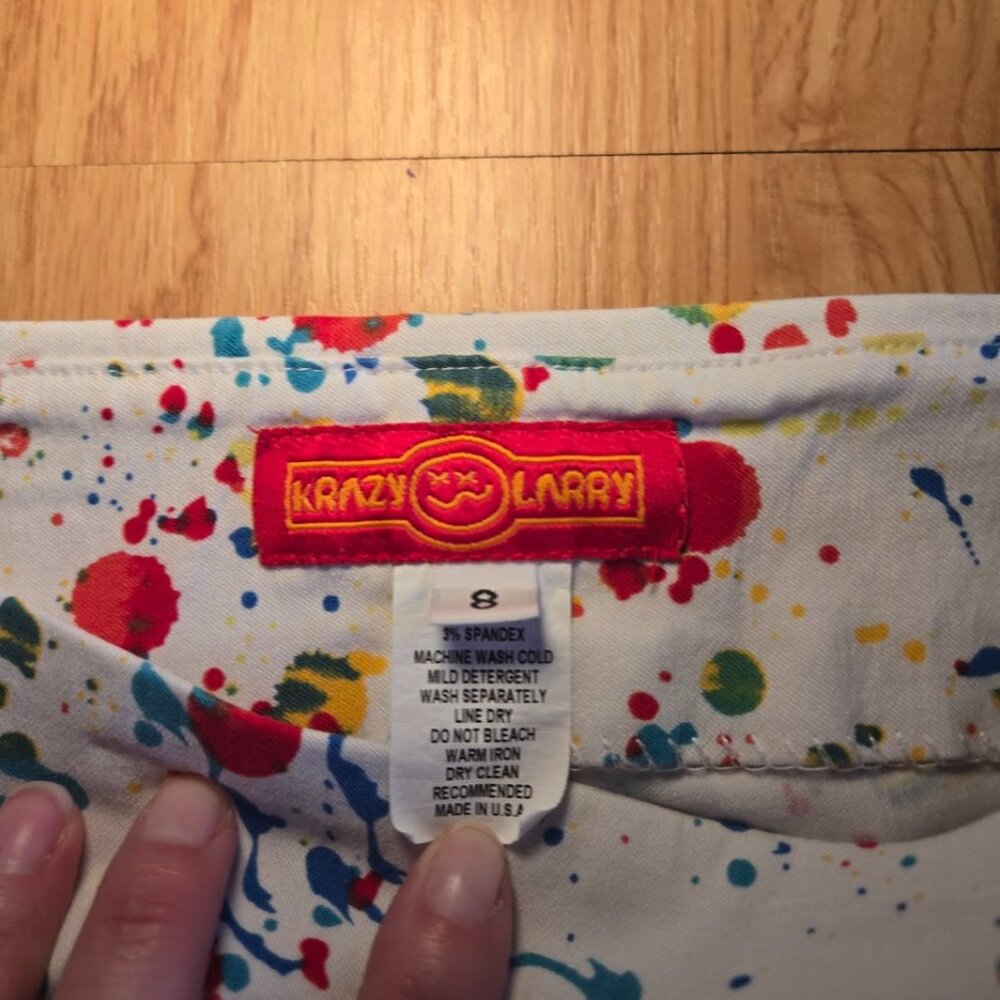 Krazy Larry Pull-On Pants Women’s Size 8 White Multicolor Paint Splatter Made in - Picture 3 of 6